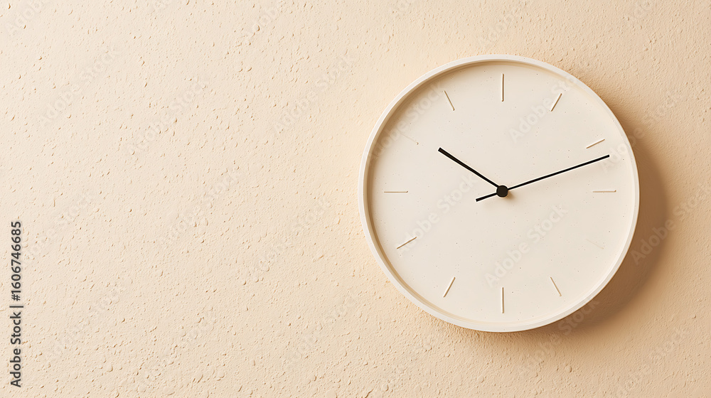 Poster minimalist clock on a textured wall, embodying simplicity and functional design. a subtle time indic