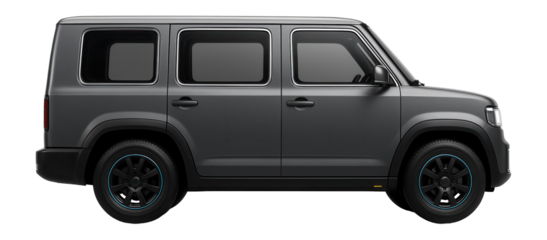 Boxy van with square windows and pronounced wheel arches