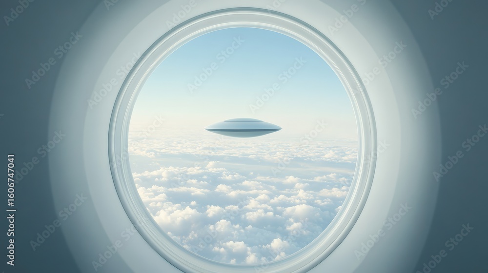 Poster futuristic spaceship is observing an unidentified flying object hovering over white clouds through a