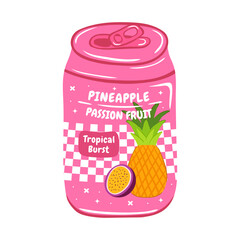 Soda in an aluminum can with pineapple and passion fruit flavor. Vector illustration in hand drawn style. Soft drink for advertising, posters, packaging and merch