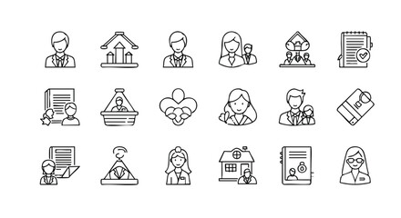 A comprehensive collection of minimalist black and white line icons representing various business concepts, human resources, real estate, and financial transactions.