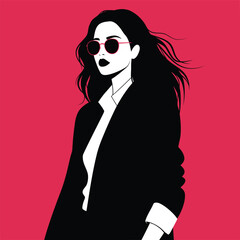 Minimalist illustration of a woman with long black hair wearing sunglasses and a black jacket against a vibrant pink background