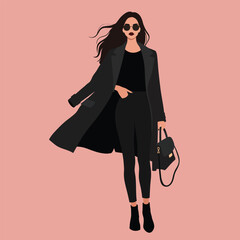 Fashionable woman in black outfit and trench coat with handbag and sunglasses vector