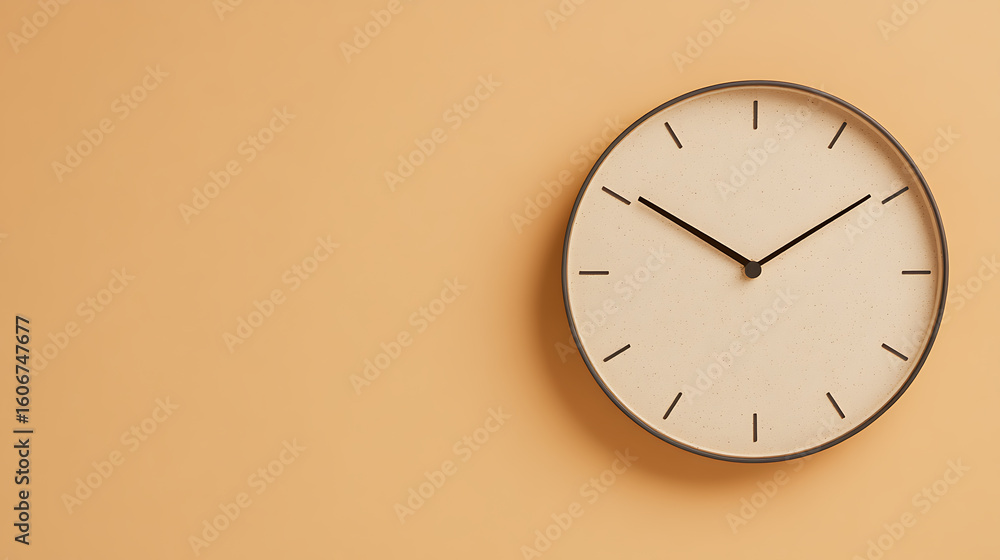 Poster minimalist wall clock on a light orange wall indicating the time. simple design emphasizing function