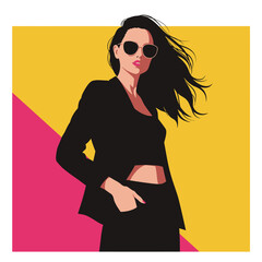 Woman in black suit and sunglasses with flowing hair against yellow and pink background female fashion