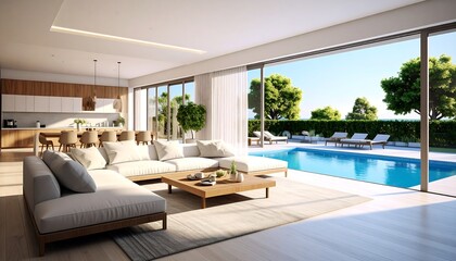 Fototapeta premium Modern open-plan living area with pool view (3)