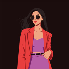 Woman in red blazer and purple skirt wearing sunglasses female fashion