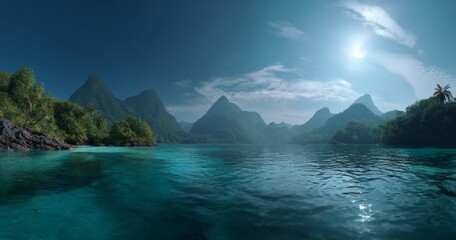 Stunning 360 degree hdr panorama of serene mountain lake nature paradise scenic view