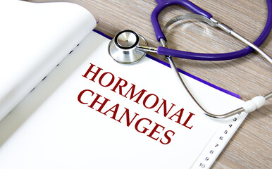 HORMONAL CHANGES - words on a white sheet against the background of a stethoscope