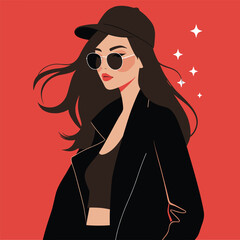 Woman wearing sunglasses and baseball cap with flowing hair and sparkling stars female fashion