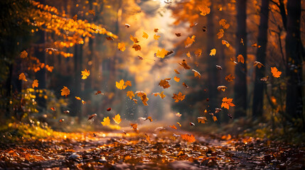 Golden autumn leaves gently falling from trees