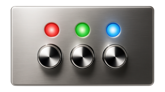 Wall-mounted dispatcher panel with LED status indicators and rotary knobs