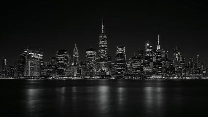 Fototapeta premium Black and white cityscape reflecting on water at night