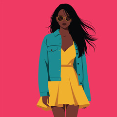 Woman with dark hair wearing a yellow dress and teal jacket with round sunglasses against a pink background