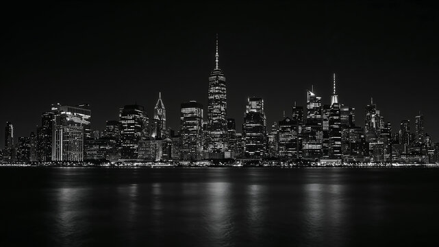 Fototapeta Black and white cityscape reflecting on water at night