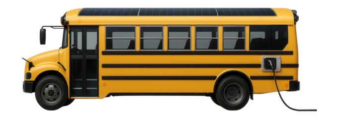 Electric school bus with solar panel roof and charging port on the side