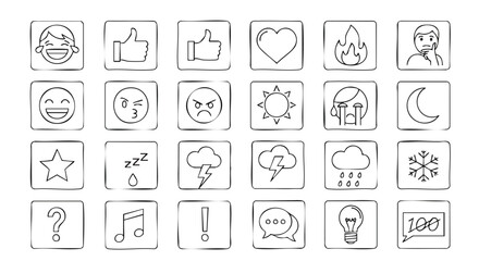 A collection of hand-drawn, sketched emoji icons, each representing a different emotion or concept, offering a versatile set for digital communication and design purposes.