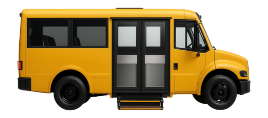 School bus with extra-wide folding doors and retractable step for easy access