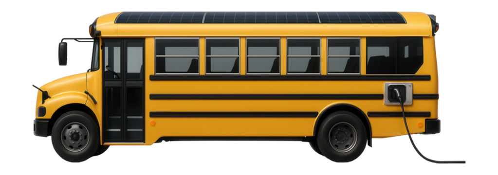 Electric school bus with solar panel roof and charging port on the side