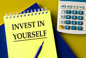 INVEST IN YOURSELF - words on a yellow notepad with a calculator