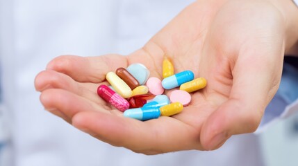 Hand Holding Various Colorful Pills and Capsules for Medical Use