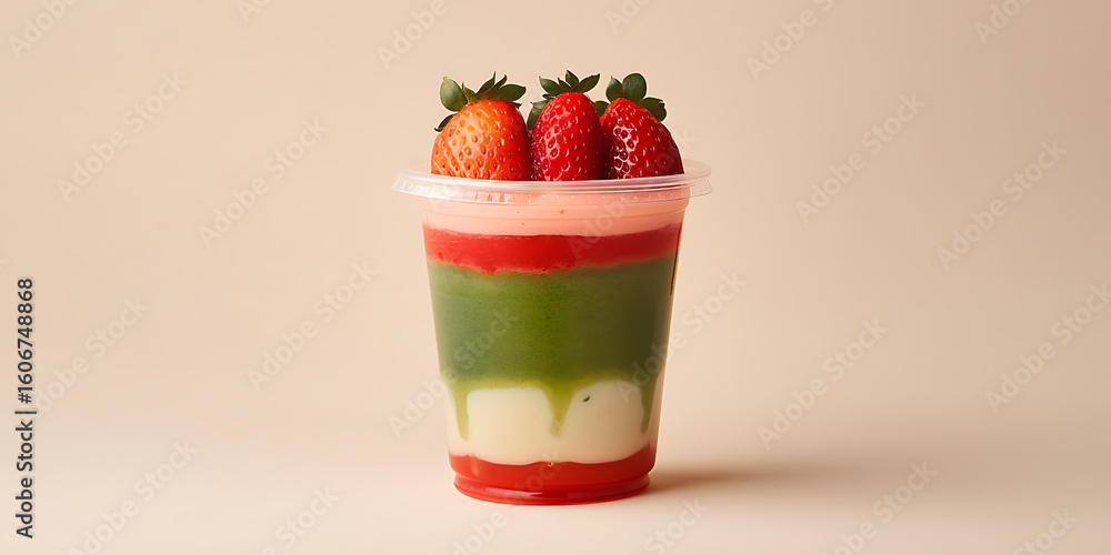 Poster refreshing layered smoothie with fruit topping, vibrant colors on a peach background. a healthy trea