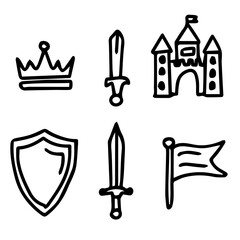 Whimsical vector line art of a medieval kingdom icons set, including a crown, swords, shield, castle and flag, perfect for fairy tale illustrations.