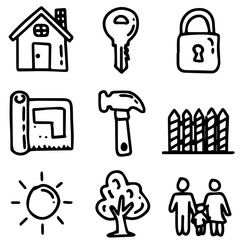 Doodle style home icons featuring a house, key, lock, blueprint, hammer, fence, sun, tree, and family for real estate, construction, and neighborhood concepts.