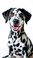 Close-up portrait of a cute Dalmatian dog on a bright white isolated background.
