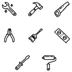 Simple black outline icons featuring a wrench, hammer, saw, pliers, paint brush, level, screwdriver and paint roller on a white background, vector design.