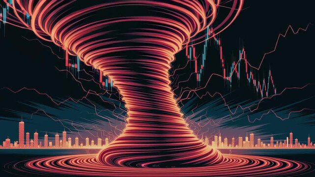 Swirling Vortex of Red and Orange Lines Forms Tornado Shape Against Dark Background with City Skyline and Financial Chart Elements