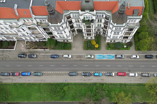 Overhead view of parked vehicles street