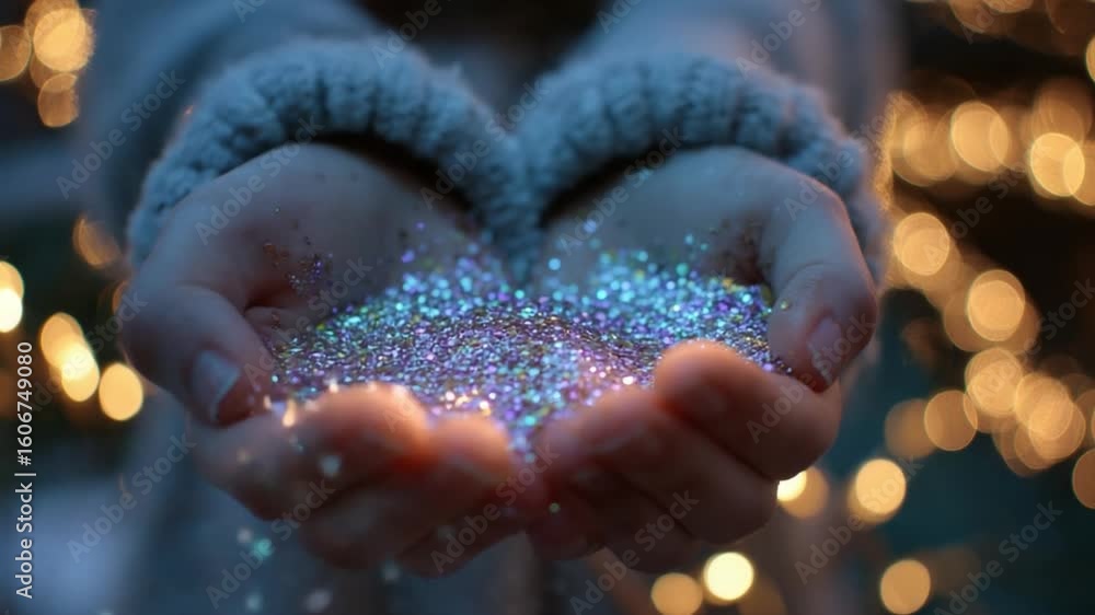 Aufkleber Sparkling Glitter in Hands with Blurred Background of Soft Lights and Bokeh Effect for Dreamy and Magical Atmosphere