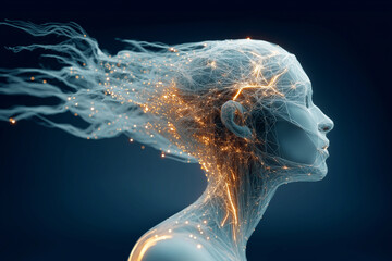 A stylized human figure, resembling a digital wireframe or neural network, with glowing lines and particles emanating from its head, against a dark, abstract background.