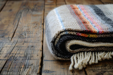 Fototapeta premium Handwoven wool blanket folded neatly on wooden
