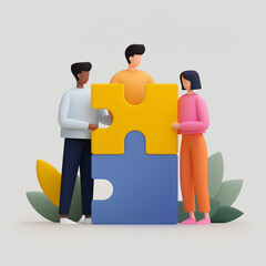 illustration shows three diverse individuals collaborating to fit together two large puzzle pieces, symbolizing teamwork and problem-solving, set against a light background with subtle foliage.