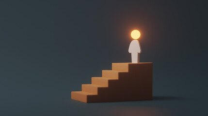 A simplified human figure with a glowing head stands atop a wooden staircase, symbolizing success, achievement, leadership, or reaching a goal.