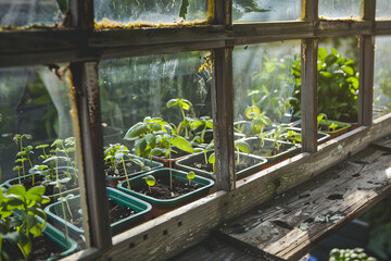 Homemade greenhouse made of recycled windows fill