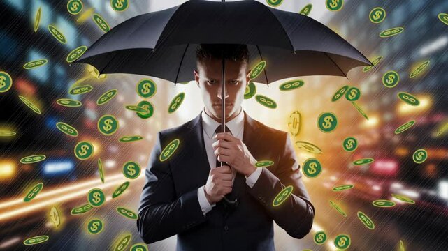 Determined man in suit with umbrella amidst dollar coins and digital currency rain in cityscape, symbolizing financial success and protection