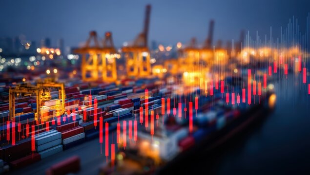 Night port, cargo containers, falling stock chart