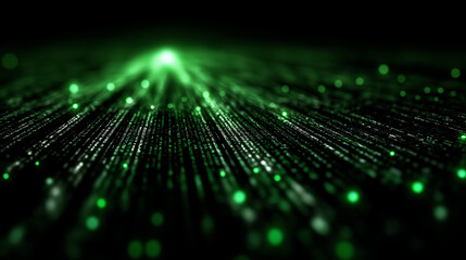 A mesmerizing abstract image featuring a dynamic flow of glowing green digital lines and particles receding into the distance, suggesting data, technology