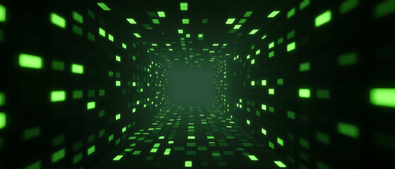 A captivating dark digital tunnel adorned with glowing green pixelated blocks, creating an immersive futuristic background.