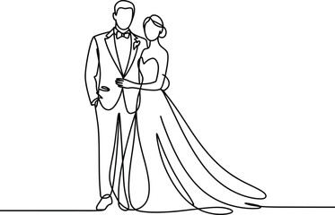Elegant wedding couple embracing in continuous line art style