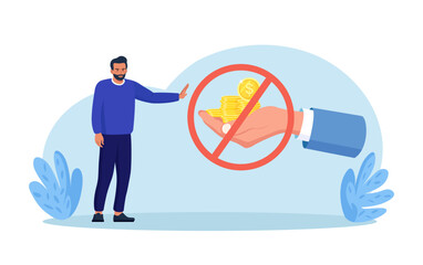 Stop corruption. Businessman does not accept money. Male character giving bribe with cash dollars. Struggle against fraud, illegal payment