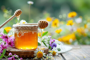 Jar of raw honey with wooden dipper
