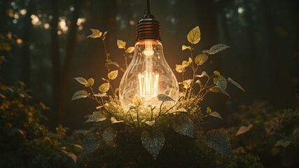 Fototapeta premium Surreal Glowing Glass Lightbulb with Thriving Plant in Dark Forest