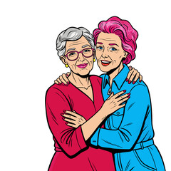 Elderly lesbian couple embracing and smiling in colorful outfits  