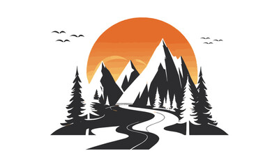 Modern vector illustration of a silhouette of mountains with a stylized, Mountains, tall pine trees, orange sun, winding path, easily editable