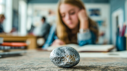 Silver stone rests on a rustic table in the foreground with a student in the background studying at a communal desk.  