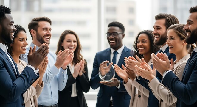 Group of businesspeople applauding and celebrating an award.